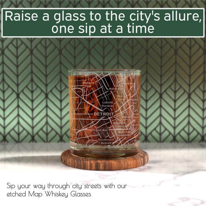 Greenline Goods Whiskey Glasses - 10 Oz Tumbler Set for Detroit, Michigan lovers, Etched with Detroit Map Old Fashioned Rocks Glass - Set of 2 - Image 2